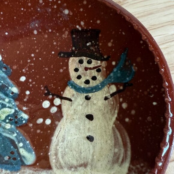 Vintage Hand-Painted Oxford Pottery Snowman & Tree Small Plate Lead-Free 4 Inche - Picture 3 of 6